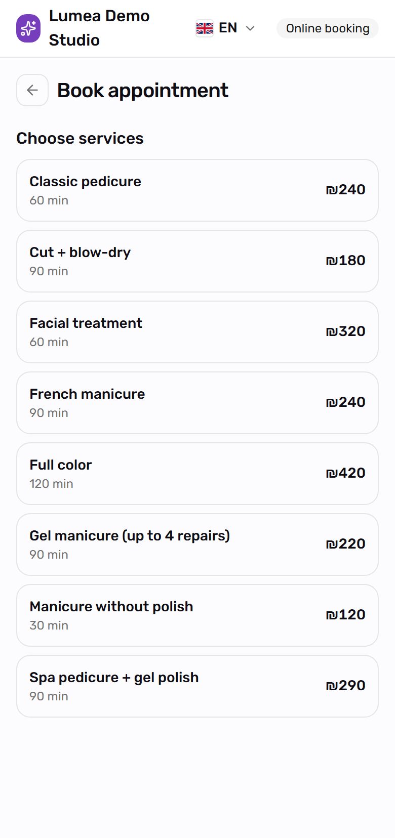 Choosing a service while booking on a phone